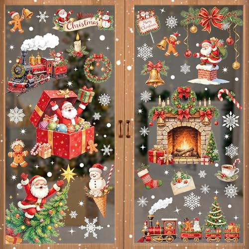 BBLIKE 9 Fogli Adesivi Natalizi per Finestre, Albero di Natale Treno, Stampato su Entrambi i Lati, Autoadesivo, Decorazione Natalizia Riutilizzabile per Porte, Vetrine, Frontali in Vetro