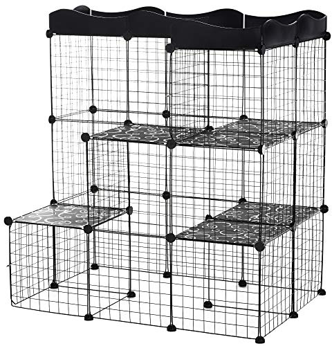 PawHut Jaula para Animales Pequeños de 40 Paneles, Parque para Mascotas, Valla Metálica, Forma DIY, para Conejos, Cobayas, Gatito, 105x70x116 cm, Negro