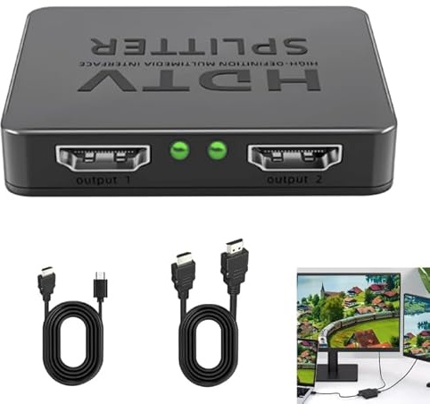 HDMI Splitter 1 In 2 Out, 4K 3D 1080P HDMI Splitter for Dual Monitors, High Speed Adapter Supports Audio & Video Mirror Display, Compatible with Laptop PC MacBook PS3 PS4 Xbox Roku Blu-Ray Player
