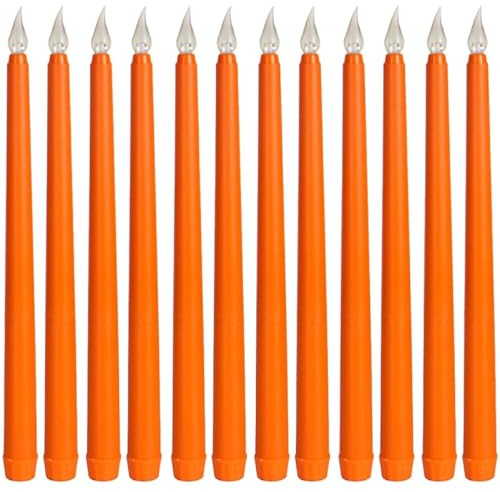Ipetboom Bougies LED Sans Flamme Coniques Orange, Lot de 12 à Piles, Lumière Chaude pour Maison, Mariage, Fête et Église, PP, 27, 5 x 2 cm, 2 x AAA Non Incluses