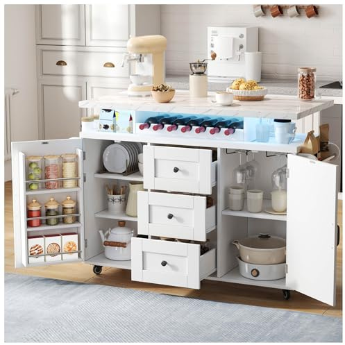 Wyibwy Moderna isola da cucina con piano di lavoro ribaltabile, carrello da cucina dotato di rotelle, cinque rotelle, portapacchi, portabottiglie e portabicchieri, 138 x 42 (60) x 93 cm (Bianco)