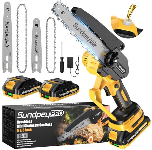 SundpeyPRO Mini Chainsaw Cordless 8 & 6 Inch - 21V Brushless Battery Chainsaw with 2x2.0Ah Batteries, Handheld Small Electric Chain Saw with Oiler/Safety Lock for Tree Pruning & Wood Cutting