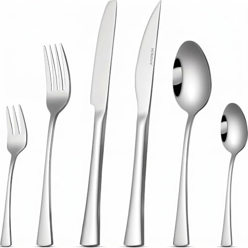 HI NATURE™ Set di posate per 6 persone, 36 pezzi, con coltello da bistecca, in acciaio inox 18/0, lucidato a specchio, con coltello, forchetta, cucchiaio e forchetta da dolce, lavabili in