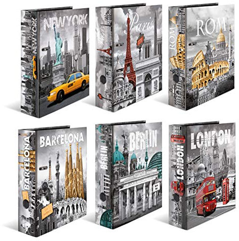 HERMA Ordner A4 Städte Set, 10 Stück, 7 cm breit, Kinder Ringordner mit Motiv, bunter Aktenordner mit Innendruck für Jungen und Mädchen