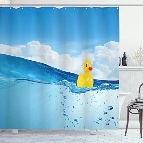 Ambesonne Rubber Duck Shower Curtain, Little Duckling Swimming in Pond Pool Sea Sunny Day Floating on Water, Cloth Fabric Bathroom Decor Set with Hooks, 69 W x 84 L, Blue Yellow