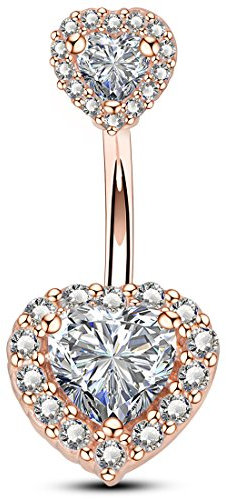 OUFER 14G Herz Bauchnabelpiercing Chirurgenstahl Stahl 10 mm Nabelpiercing CZ Belly Bar Belly Piercing Bauchnabel Bauchnabelring Navel Rings Rose Gold Women