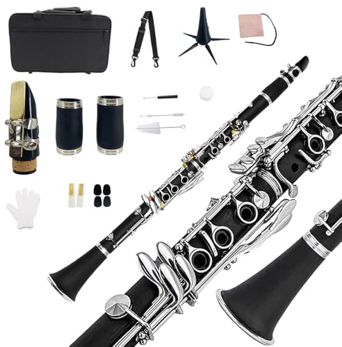 Yinfente Bb Clarinet for Beginner 17 Key Nickel-plated Ebonite b Flat Clarinet with 2 Barrels,Hard Case,Cleaning Kit,Mouthpiece,Cork Grease,Gloves,Reeds,Cushion，Stand