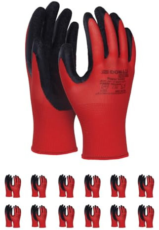 DONAU SAFETY Guanti da lavoro con rivestimento in lattice/uomo donna/taglia 07, 12 paia/rosso/nero/montaggio/guanti da montaggio/per lavori di montaggio meccanico servizio trasporto e lavori di