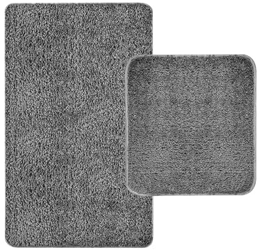 Sentidos Badezimmerteppich Set Hochflor, Flauschiger weicher Badteppich & Badematte rutschfest, maschinenwaschbar, Badvorleger Duschvorleger Duschmatte, Oeko-Tex Zertifiziert, 60x100 + 50x50 cm, Grau