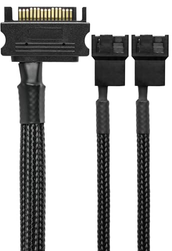 CRJ 15-Pin SATA to 2 PC Fan Power Adapter Cable - 12-inch (30cm), Black Sleeved - Power Up to Two 3-Pin & 4-Pin Computer Cooling Fans from an ATX 15-Pin SATA Power Connector (12V - Full Speed)