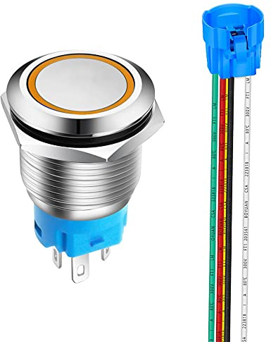 Gebildet 19mm Pulsante Momentaneo in Acciaio Inossidabile, 12V-24V 5A LED 1NO1NC SPDT ON Off Temporaneo Bottone Impermeabile con Spina a Filo (LED Arancia)