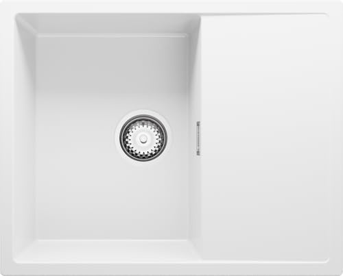 PRIMAGRAN Fregadero Cocina al Mueble 45cm + Kit de desagüe, 62x50cm | Set: Kit de desagüe (sifón, válvula, rebosadero) + Ibiza 1 Seno Granito, Blanco