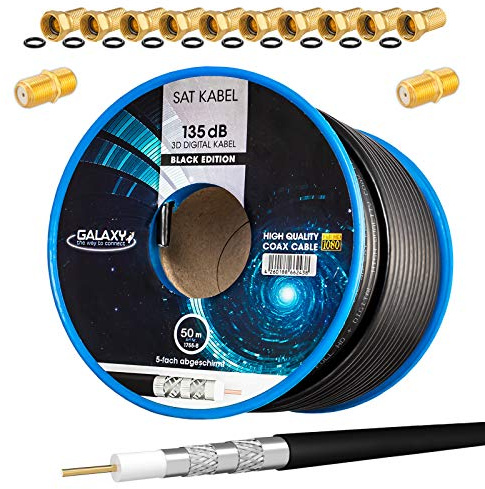 Cavo coassiale SAT 135dB 50m CCS PRO Cavo antenna coassiale schermato a 5 vie in acciaio rame per sistemi DVB-S/C/T / S2 + 10 connettori F E 2 connettori F gratuiti