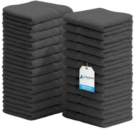 Avalon Towels Cotton Washcloths 24-Pack – 12 x 12 Inch Grey Super Soft & Absorbent Ring-Spun Cotton Wash Cloths for Face, Bath, Spa, Gym, Hotel & Cleaning