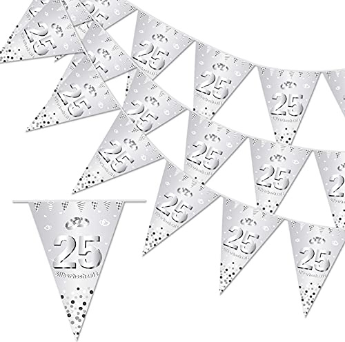DPKOW 25. Silberhochzeit Girlande Banner, 25 Jubiläum Wimpelkette Silberhochzeit Deko 25. Hochzeitstag Wimpel Dreieck, 4.7m Drinnen Draußen Aufhängen Deko für Silberne Hochzeit Feier Zubehör