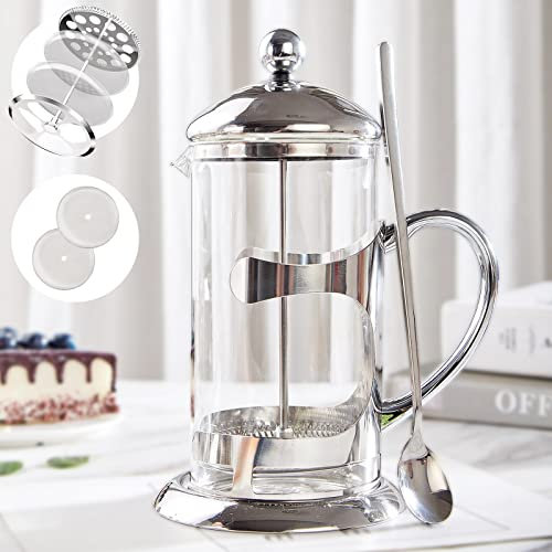 DUJUST French Press Kaffeepressen [1L] mit 304 Edelstahllöffel, Luxuriöses Silberdesign Kaffeemaschine, 4-stufigem Filtersystem, Hochwertiges Glas für Hitze & Kältebeständigkeit, Bleifrei & BPA-frei