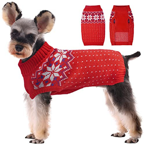 Kuoser Hund Katze Strickpullover Welpe Weihnachten Warme Strickwaren Haustier Winter Pullover Weste Schneeflocke Muster Kleine Mittlere Hunde Rollkragen Kaltes Wetter Pullover für Urlaub Xmas | Weicher und gemütlicher Strickpullover für Hunde, warmer Wintermantel, Weihnachtspullover, Rollkragenpullover für Urlaub