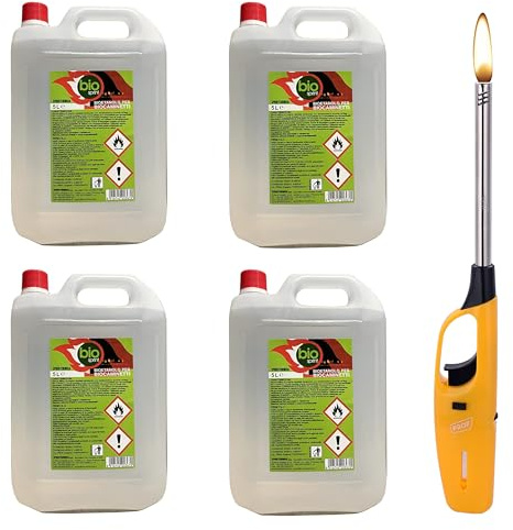 Bioéthanol 99,9% Bio Sprint 4 x 5 l - pour Cheminée de Table, Cheminée & déco de Jardin - sans Fumée ni suie 100% d'origine végétale,Ultra-inodore + Briquet Offert