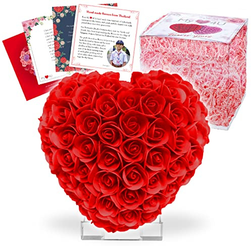Handmade Clay Rose Heart - 4.5 inch 3D Red Heart Made Up of 130+ Handmade Artificial Red Rose Flowers Consisting of 8 Clay Petals | Anniversaries | Weddings | Proposals | 4.5 x 4.0 x 3.0