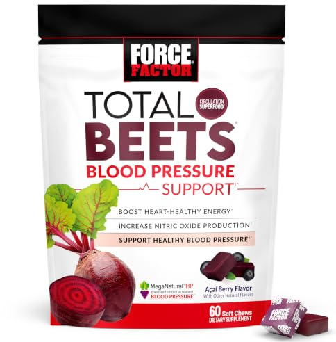 Force Factor Total Beets Blood Pressure Support Supplements with Beet Powder, Great-Tasting Beets Chewables for Heart-Healthy Energy, and Increased Nitric Oxide, 60 Chews