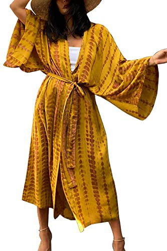 L-Peach Donna Stampato Copricostumi Parei Cardigan Bikini Cover Up Elegante Beachwear