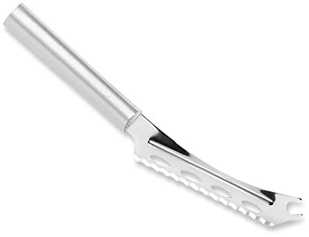 Rada Cutlery Cheese Knife (R139), 5.25 Stainless Steel Serrated Blade with Ridged Cutouts and Forked End, Silver Handle, Pack of 2
