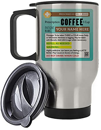 Getagift Personalised Name Coffee Prescription Silver/White Insulated 14oz Travel Tea/Coffee Mug. (Silver)