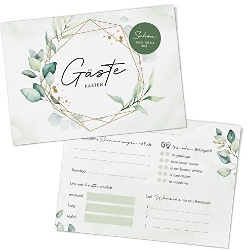 DeinWeddingshop Gästebuchkarten zum Ausfüllen, 50x Gästekarten zur Hochzeit, Gästebuch Alternative, Hochzeitsspiel mit Fragen zum Ausfüllen - DIN A6, Greenery Eucalyptus