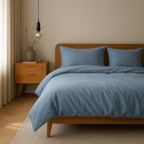 VEL VET HOME Bettwäsche 155x220 Baumwolle Bettbezug 155x220 cm mit Kissenbezug 80x80 cm Hohe Qualität Bettwäsche-Set mit Reißverschluss 100% Baumwolle Made in EU Denim Blau 155 x 220