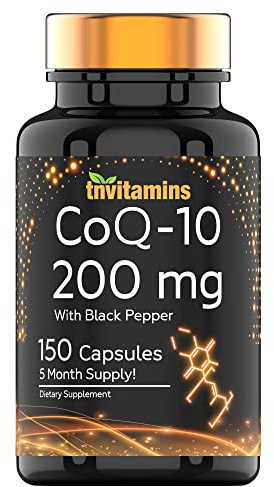 tnvitamins CoQ-10 200mg - 150 Capsules with Black Pepper Extract | 5 Month Supply! | Powerful Free Radical Fighting Antioxidant | Max Absorption Rapid Release Capsules | Coenzyme Q-10 200 mg