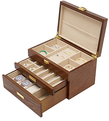 OUKANING 3 Schicht Schmuckkästchen Holz Schmuckschatulle Geschenke Schmuckbox Rechteckig Schmuckkoffer, Plüsch Futter, Anti-Rutsch Pads, Für Schmuck (Farbe : Braun)