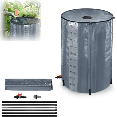 MAYTIIMO Vikbar regntunna 200 liter med skala, regnvattentunna med vatteninloppsgaller dräneringsventil regnvattentank PVC för uppsamling av regnvatten, trädgårdsbevattning, antracit