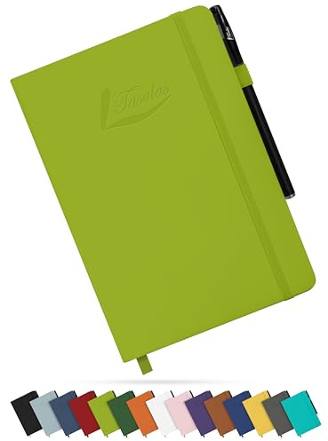Tasalas A5 Notebook and Pen - 200 Lined Pages Journal Notepad, 80 GSM, Lime Notebook A5 with Soft PU Cover, Elastic Loop, Pen Holder, Expandable Pocket - Note Book for Writing and Note-Taking