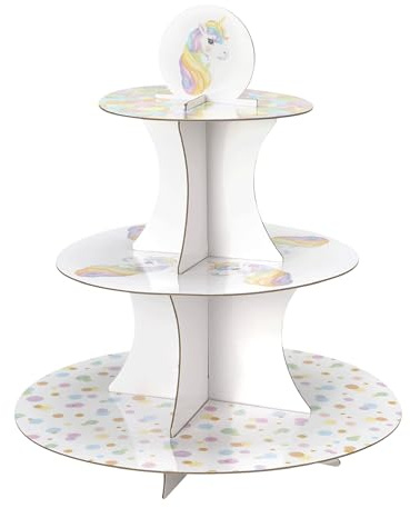 Alzata a forma di unicorno in cartone con 3 livelli, 30 x 32 cm, per feste di compleanno, tea party, decorazione per feste di compleanno per bambini, colore bianco colorato