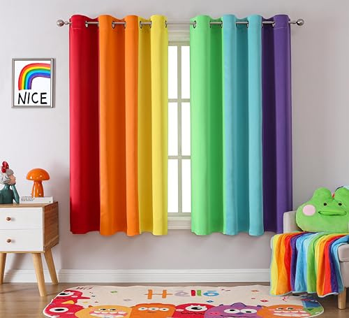 THOOO 2 Panels Rainbow Curtains Blackout Curtains 63 Inch Length for Bedroom Living Room Classroom Nursery Colorful Room Darkening Grommet Curtains Patchwork Red, Orange, Yellow, Green, Blue, Purple