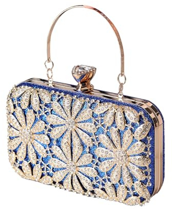 CORIOS Strass Blume Clutch Damen Diamant Abendtasche Glitter Kristall Handtasche Elegant Schultertasche Klein Tasche Glänzend Umhängetasche für Geburtstag Cocktailparty Tanzparty Abendparty Blau