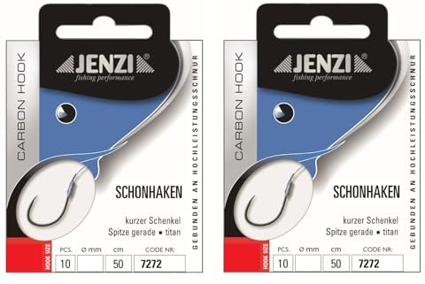 Set 2 Packungen gebundene Schonhaken ohne Wiederhaken, Angelhaken von Jenzi (20 Stück), 50cm Hakengröße 4, 6, 8, 10, 12 &14 je nach Auswahl + gratis Petri Heil! Aufkleber (Hakengröße 6)