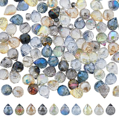 Hobbspring 100Pcs Colorful Glass Beads 10 Colors Teardrop Beads Electroplated Transparent Glass Bead Bulk Crystal Faceted Spacer Beads for Bracelet Necklace Jewelry Making