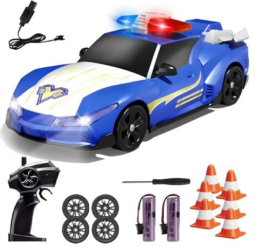 RC Drift Car Polizeiauto mit Licht und Sound, 1:24 Ferngesteuertes Auto mit Aufladbarer 2 Batterie, 2,4 GHz 4WD RC Drift Polizeiauto für Junge Geschenk Kinderspielzeug ab 3 4 5 6 7 8+ Jahre(Blau)