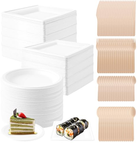 DAJAVE 350 platos desechables + cubiertos de madera, platos ecológicos, plato principal + aperitivo o postre, juego de vajilla rígido desechable