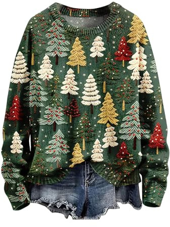 Christmas Jumpers for Women Plus Size Long Sleeve Knit Sweater Fashion Christmas Artistic Print Sweatshirts Casual Crewneck Oversized Sweatshirt Ladies Elegant Xmas Pullover for Holiday