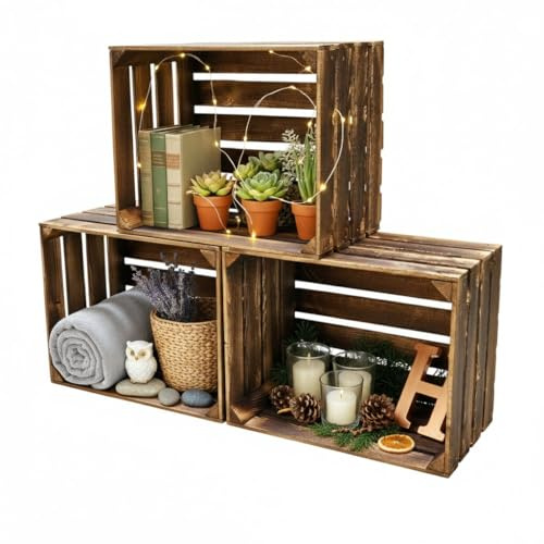 Teramico 3x XXL Holzkisten (50x40x30cm) | Geflammt | Vielseitig einsetzbar für Lagerung, Organisation, zur Dekoration oder als Geschenk (Dunkel Geflammt)