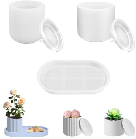 5 piezas Silicona Florero Moldes,molde de silicona de jarrón 2 jarrones + 1 bandeja + 2 tapas,forma de resina de jarrón de bricolaje,molde de resina epoxi,forma de silicio de jarró para Manualidades