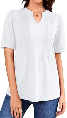 WUWUSKY blus damer sommar kortärmad t-shirt damer v-ringad blommor vikbara toppar ledig lång skjorta, Vit, M