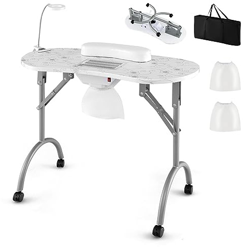 COSTWAY Tavolo per Manicure Pieghevole con Aspiratore, Tavolo per Unghie Portatile con Luce LED Regolabile, Cuscino Poggia Polso Rimovibile, Borsa da Trasporto e 4 Ruote Bloccabili (Bianco)