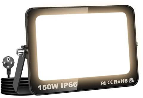 RIGIDON LED Strahler Außen & Innen mit Stecker, 150W 15000LM Außenstrahler | LED Scheiwerfer Spotlight Fluter Flutlicht 230V, IP66 Wasserdicht 3000K Warmweiß für Garage, Garten, Sportplatz, Terrasse