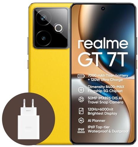 realme GT 7T 5G Smartphone,12+256GB, Batería de 7000 mAh,Carga de 120W,Procesador Dimensity 8400-MAX,IMX896 50MP Cámara,AI Planner,Pantalla Pro-Esports de 6000 nits,IP69,Amarillo,Exclusivo de Amazon