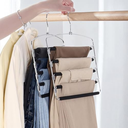GOWODOOO Perchas para pantalones ahorran espacio, 2 unidades de 5 pisos, perchas de metal, acolchado antideslizante, barras giratorias, para 10 vaqueros, pantalones de traje, bufandas