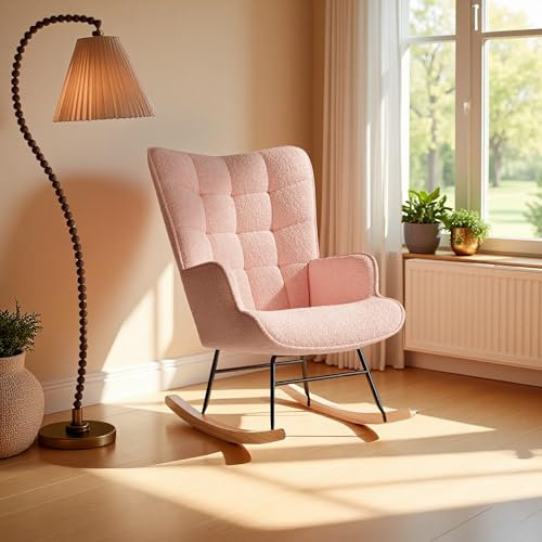 KRYZOR Schaukelstuhl mit Rückenlehne und Armlehnen, Stillsessel, Struktur aus Massivholz und Metall, Gepolsterter Schwingsessel, Lesesessel & Relaxsessel, für Wohn, Schlaf, Rosa (Rosa)