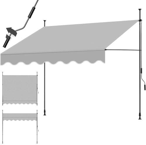 tectake® Klemmmarkise mit Handkurbel, Balkon Markise ohne Bohren, Markise höhenverstellbar, UV-beständig, wasserabweisend, Terrassenüberdachung, Sonnenschutz Terrasse & Balkon, Breite 250 cm -hellgrau